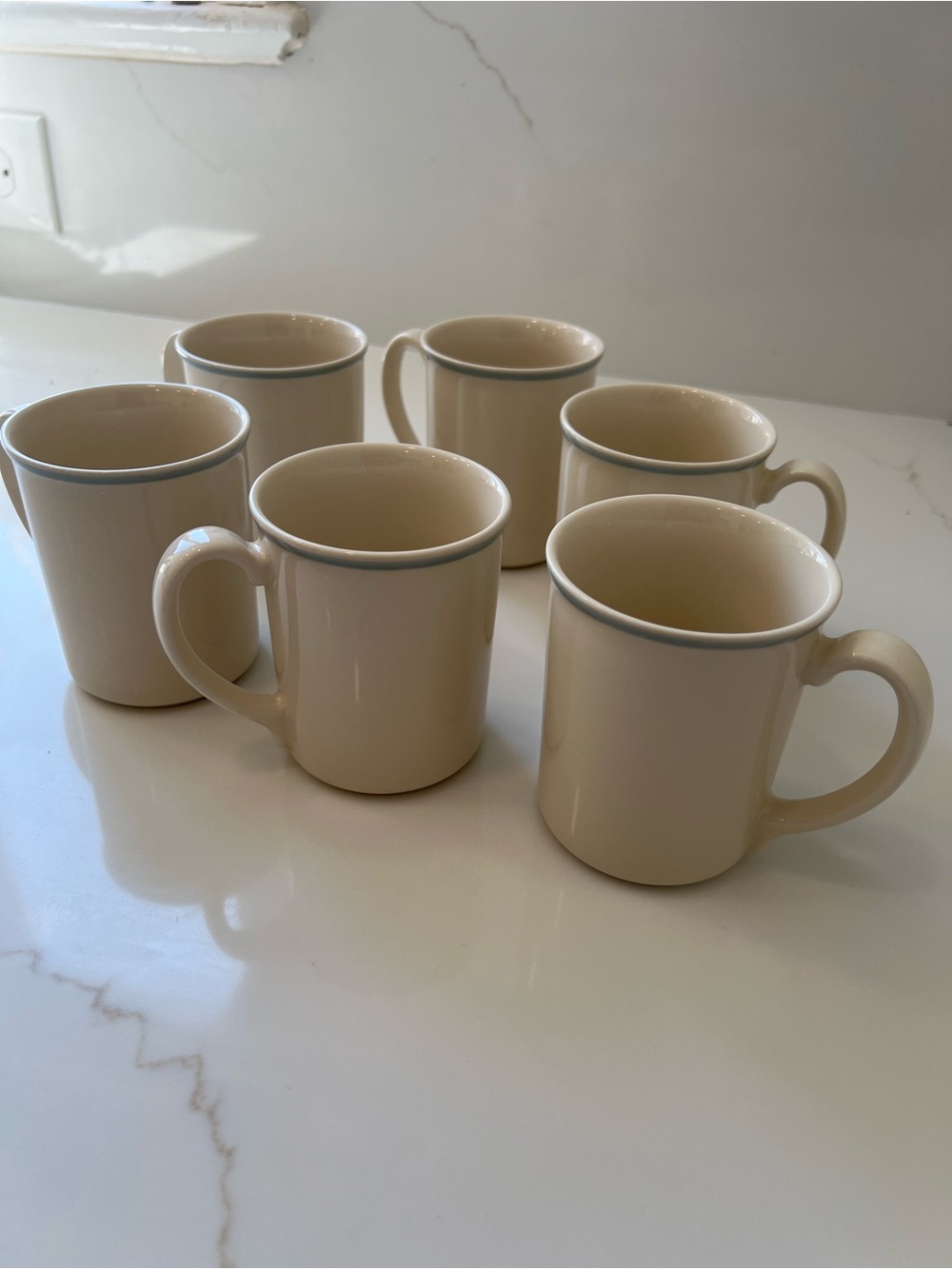 Classic Cream Ceramic Mug with Light Blue Rim - Set of 6